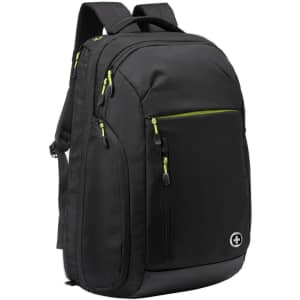 A black backpack with green accents, featuring multiple zippers and a logo on the side.