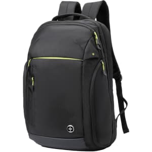 A black backpack with yellow accents, featuring multiple zippered compartments and a logo.