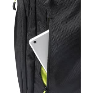 A silver tablet peeks out from the side pocket of a black Swissdigital Java Backpack.