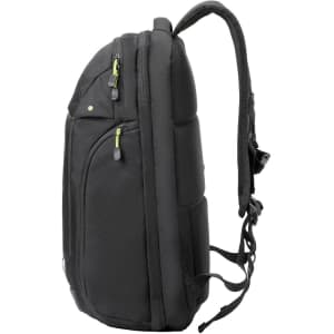 A sleek black backpack with mesh side pockets and zippers, featuring adjustable shoulder straps and a branding logo.
