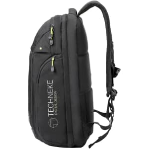 A black backpack featuring adjustable straps and a logo, designed for digital needs.
