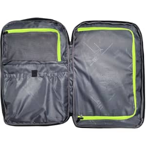 A grey backpack interior featuring mesh and zipped compartments, highlighted by lime green accents.