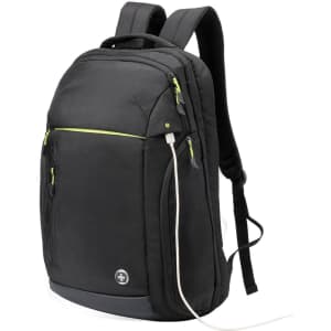 A black backpack with green zippers, featuring multiple compartments and a logo.