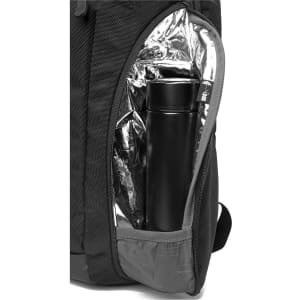 A black backpack with a thermal-lined compartment containing a black drink bottle. The backpack has a logo.