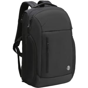 A black backpack with multiple zippers and a logo, featuring adjustable straps and a sleek design.
