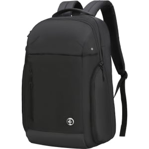 A sleek black backpack with a front zip pocket and padded shoulder straps, featuring a logo on the front.