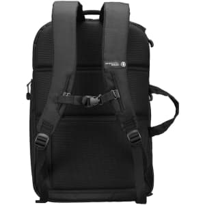 A black backpack with padded straps and a mesh back panel, featuring a logo and adjustable buckles.