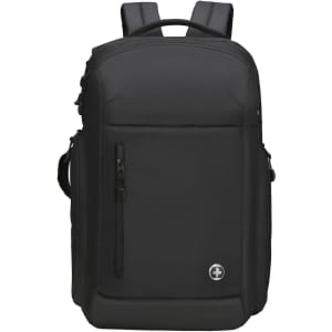 A black backpack with multiple compartments and a logo, featuring adjustable shoulder straps and a sleek design.