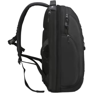 A black Swissdigital Stealth Java Backpack with multiple compartments and adjustable straps, featuring a logo.