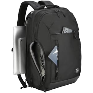 A black backpack with multiple compartments and a laptop sleeve, featuring a logo and various items tucked inside.