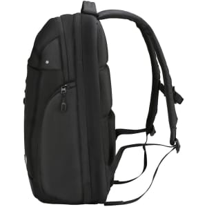 A black backpack featuring padded straps, multiple compartments, and a logo on the side.