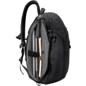 A black backpack with multiple compartments, including space for a laptop and an organisational panel. It features a logo.