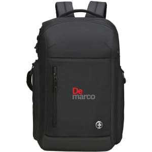 A black backpack with multiple compartments and padded shoulder straps, featuring a logo on the front.