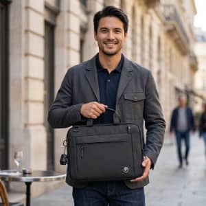 A man holds a black laptop sleeve, featuring handles and a zippered pocket, in an outdoor urban setting.