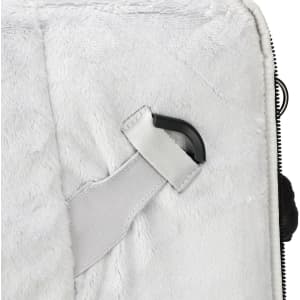 A soft, grey laptop sleeve with a strap and a black clip. It features a plush interior for protection.