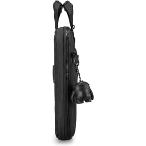A black laptop sleeve with a zipper, featuring a charm attached to the side. It has two top handles for carrying.