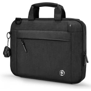 A black laptop sleeve with a handle and front pocket, featuring a logo and a small decorative charm.