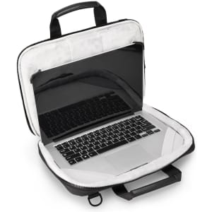 A laptop sleeve in black with a soft white interior, open to reveal a silver laptop inside. Contains a logo.