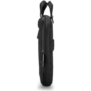 A black laptop sleeve with a zip closure and a side pocket, featuring a sleek and minimalistic design.