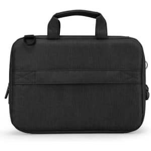 A black laptop sleeve with a handle and zipper, featuring a textured fabric and branding logo.