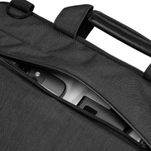 A black laptop sleeve with a zippered closure, featuring a handle and a visible laptop inside.