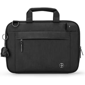 A black laptop sleeve with a zipped pocket, dual handles, and a small charm attached, featuring a logo.