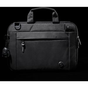 A black laptop sleeve with a zippered front pocket, handle, and a keychain accessory. It features a logo.