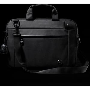 A black laptop sleeve with a handle and adjustable strap, featuring a front pocket and a small attached keychain.