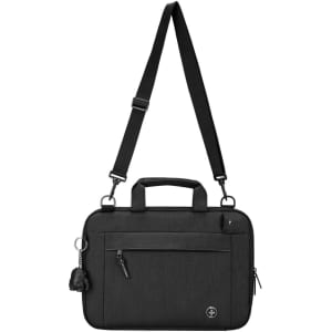 A black laptop sleeve with a detachable shoulder strap and a small keychain attached, featuring a logo.