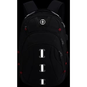 A black backpack with red accents and multiple compartments, featuring an emblem and metal loops.