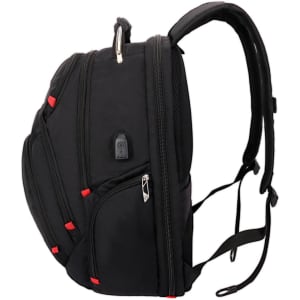 A black backpack with red accents, featuring multiple compartments and adjustable straps. It includes a branding logo.