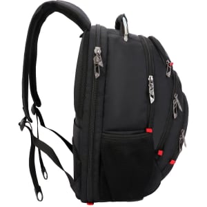 A black backpack featuring multiple zippered compartments, mesh pockets, and red accents. It includes a logo.