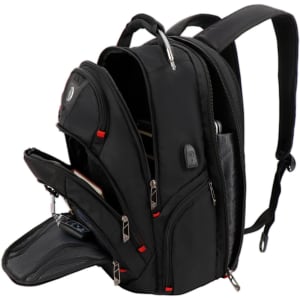 A black Swissdigital Pixel Backpack with multiple compartments and zippers, featuring an integrated logo.