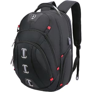 A black Swissdigital Pixel Backpack featuring red accents, multiple compartments, and a branded logo.