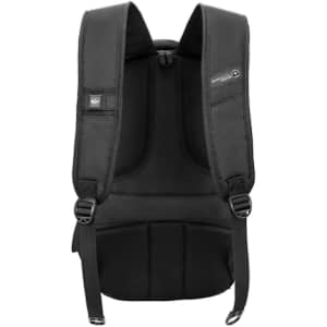 A black backpack with padded shoulder straps and mesh panels, featuring adjustable buckles and a logo.