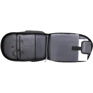 A black Swissdigital Pixel Backpack opened to display grey interior compartments and pockets, with a logo present.