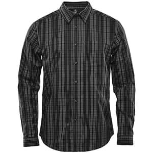 A long sleeve button-up shirt featuring a black and grey plaid pattern, with a collar and a logo.