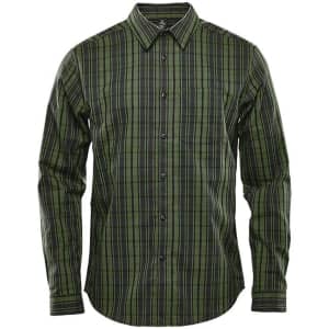 A green plaid long sleeve shirt with a button-up front and a single chest pocket. It features a logo on the fabric.