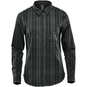 A green and grey plaid long sleeve button-up shirt with a collar and chest pocket. It features a logo.