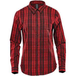 A red and black checkered long sleeve button-up shirt with a branding logo.