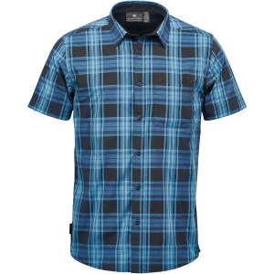 A blue and black short-sleeved button-up shirt featuring a checkered pattern and a pocket. It includes a branding logo.