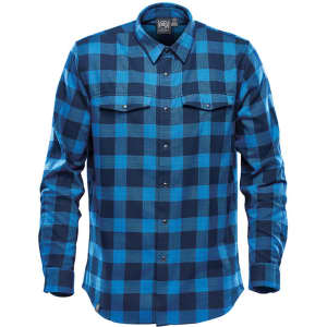 A blue and black checkered button-up shirt featuring a snap front and two chest pockets. It has a logo on the label.