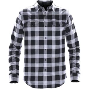A black and white checkered button-up shirt with long sleeves and two chest pockets, featuring a logo.