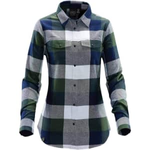 A women's button-up shirt in a blue, green, and grey plaid pattern with a snap front and two chest pockets.
