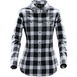 A women's button-up shirt in black and white plaid with long sleeves and a snap front, featuring two chest pockets and a logo.