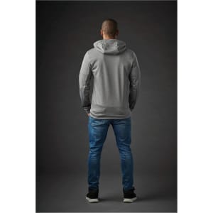 A grey men's hoodie with a hood, displayed from the back, paired with blue jeans, and featuring a logo.