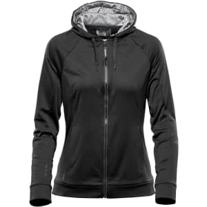 A black women's hoodie with a zip closure and a grey, patterned interior lining. It features a hood and has a logo.