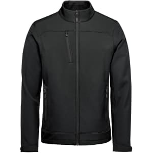 A black men's softshell jacket featuring a full front zipper and multiple pockets, including a chest pocket.