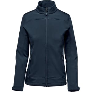 A women's softshell jacket in navy blue with a high collar and zippered pockets. Features a discreet logo.