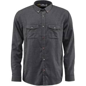 A dark grey button-up shirt with two chest pockets and a logo on the collar.
